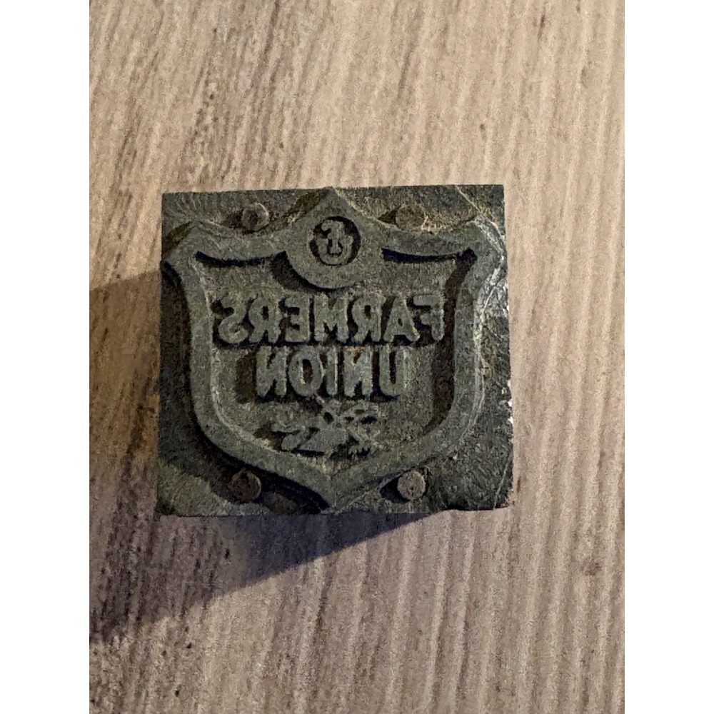 Vintage Farmer's Union logo Printers Block Letterpress Metal Stamp